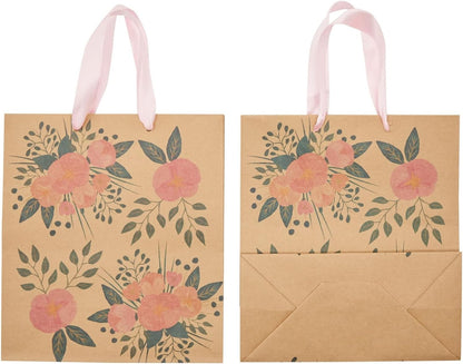 Floral Gift Bags - Reinforced Bottom & Ribbon Handles - Party Favor Bags - 8 x 4 x 9 in, Pack of 24, Pink