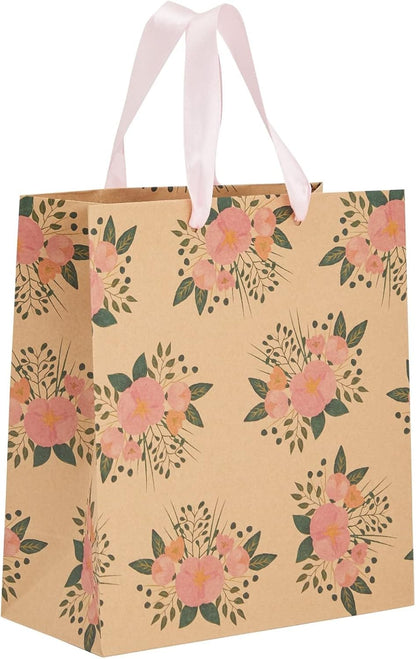 Floral Gift Bags - Reinforced Bottom & Ribbon Handles - Party Favor Bags - 8 x 4 x 9 in, Pack of 24, Pink