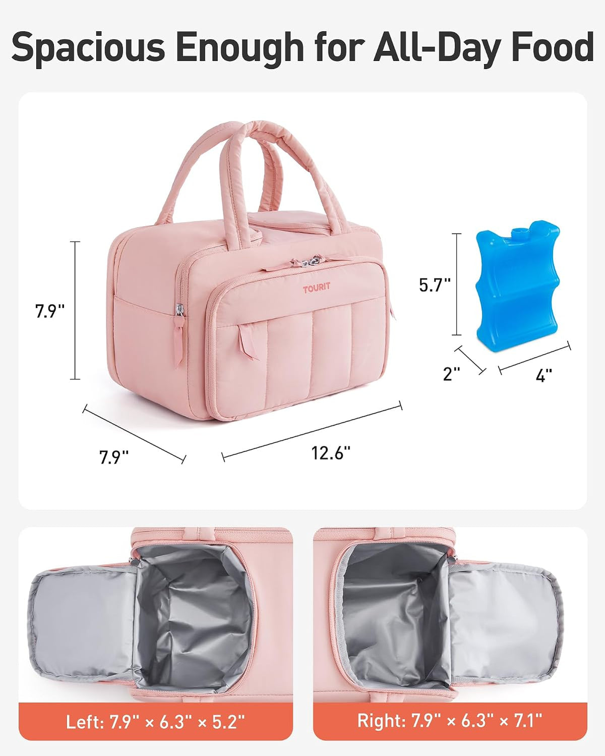 Lunch Box for Women, Double-Sided Compartment with Ice Pack, Multi-Pockets Design for Work, Outdoors, Baby Pink