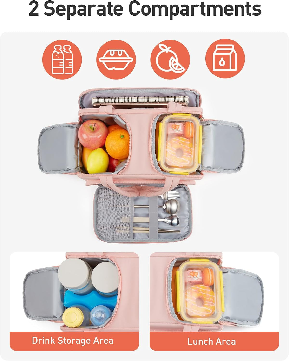 Lunch Box for Women, Double-Sided Compartment with Ice Pack, Multi-Pockets Design for Work, Outdoors, Baby Pink