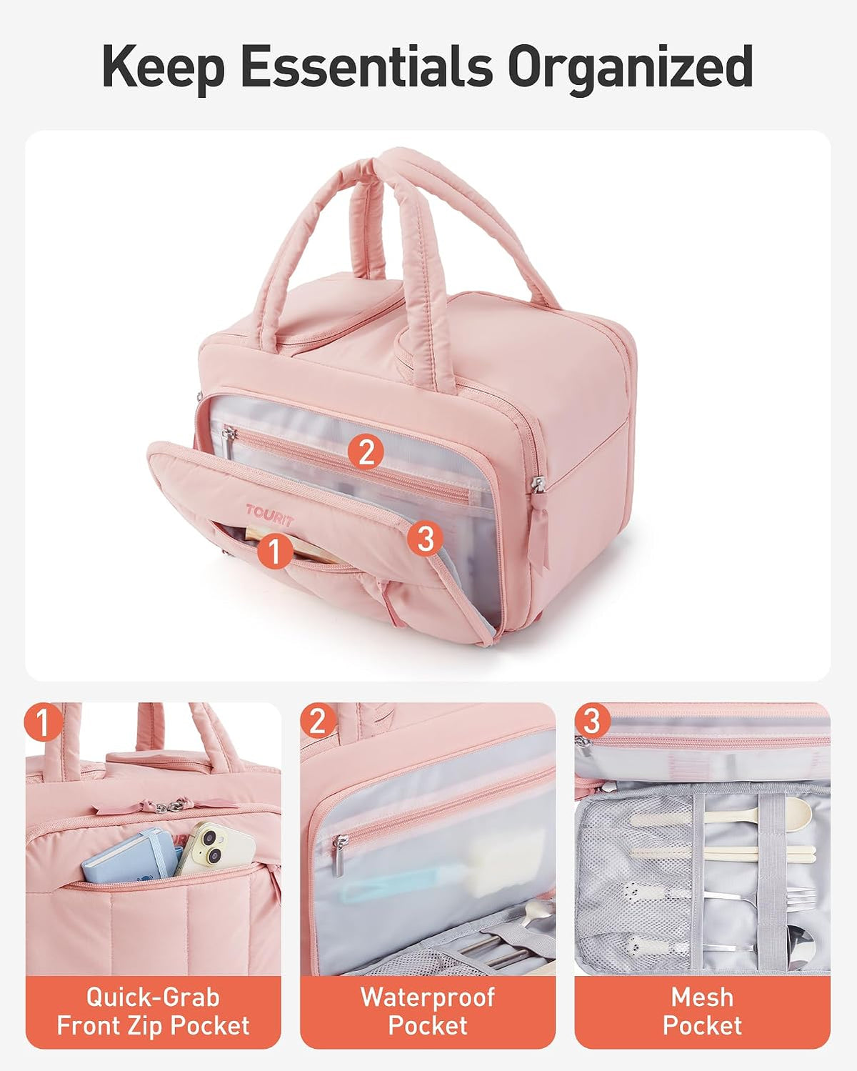 Lunch Box for Women, Double-Sided Compartment with Ice Pack, Multi-Pockets Design for Work, Outdoors, Baby Pink