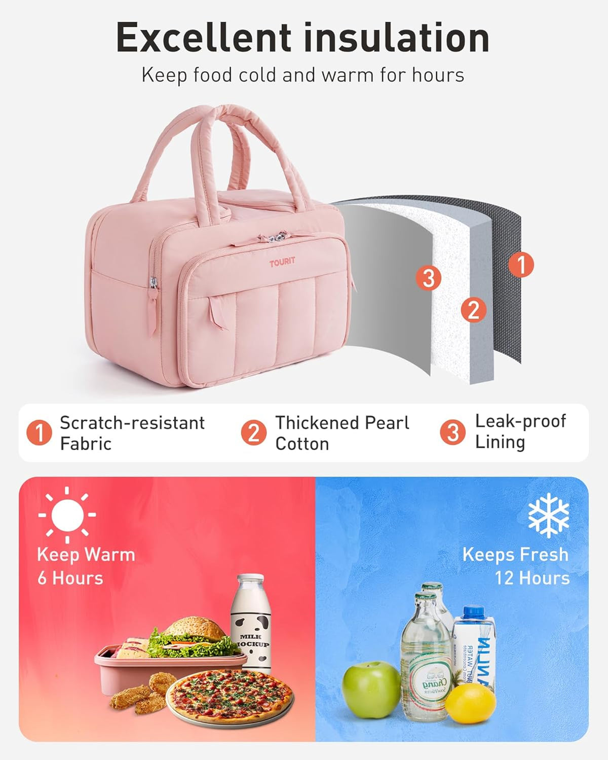 Lunch Box for Women, Double-Sided Compartment with Ice Pack, Multi-Pockets Design for Work, Outdoors, Baby Pink