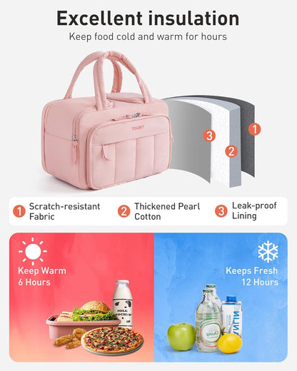 Lunch Box for Women, Double-Sided Compartment with Ice Pack, Multi-Pockets Design for Work, Outdoors, Baby Pink
