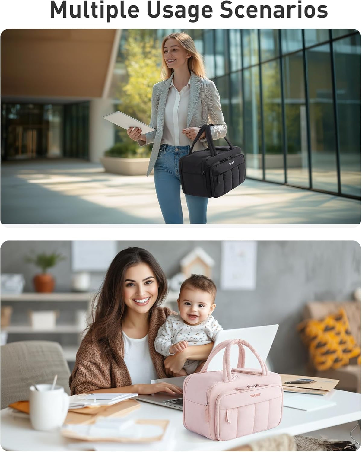 Lunch Box for Women, Double-Sided Compartment with Ice Pack, Multi-Pockets Design for Work, Outdoors, Baby Pink