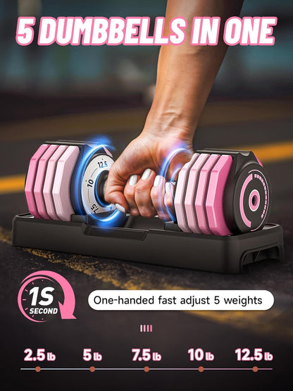 Adjustable Dumbbells Set 12.5LB Pair, 1-Sec Fast Adjustable 5 Free Weights, Premium Comfort Non-slip Metal Handle, Compact Size for Full Body Home Workout
