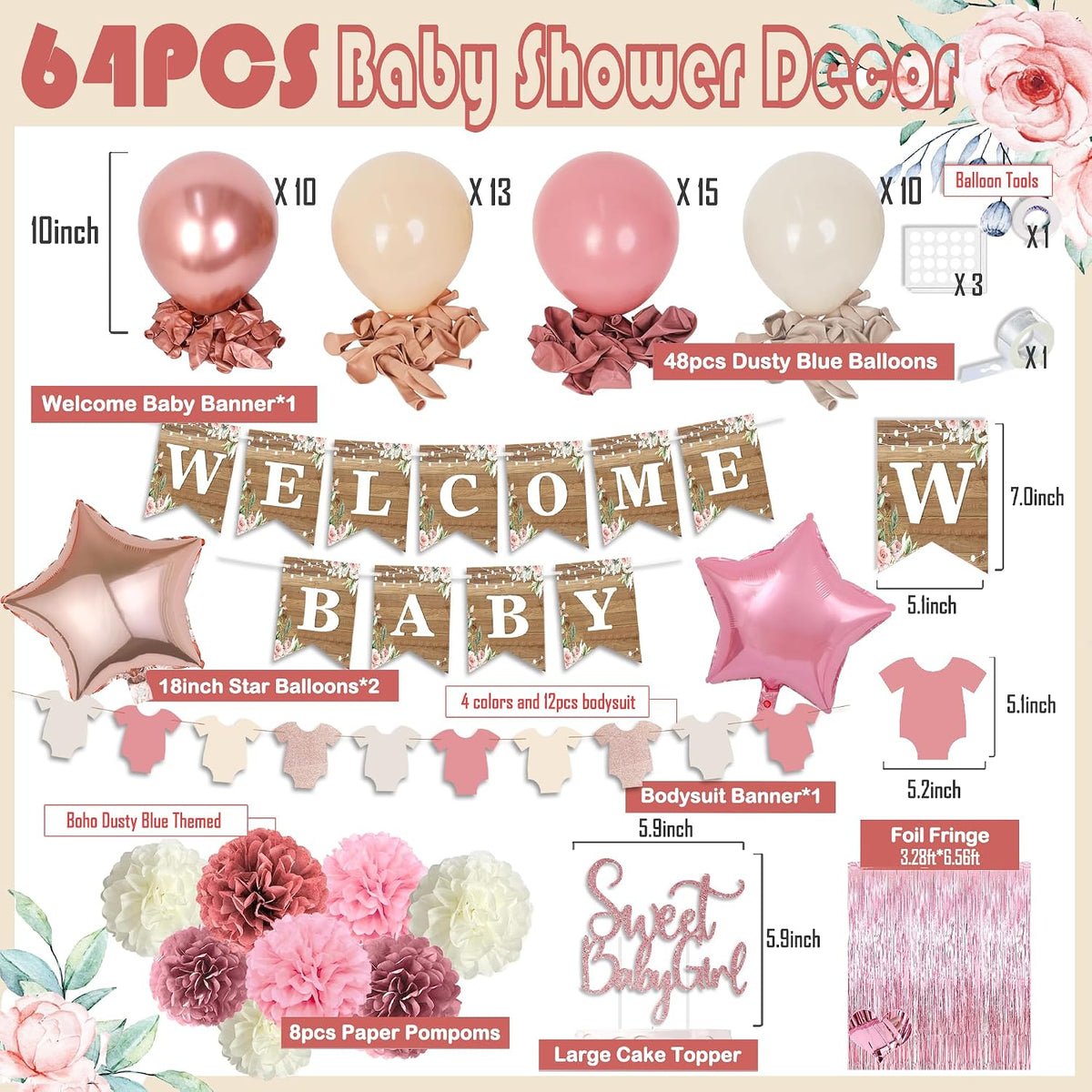 Dusty Pink Baby Shower Decoration, Girl Baby Shower Decor Set with Welcome Baby Banner,Tissue Pom Poms,Sweet Baby-girl Cake Topper,Retro Blush Rosegold Balloon,Boho Baby Gril Shower Party Supplies