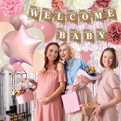 Dusty Pink Baby Shower Decoration, Girl Baby Shower Decor Set with Welcome Baby Banner,Tissue Pom Poms,Sweet Baby-girl Cake Topper,Retro Blush Rosegold Balloon,Boho Baby Gril Shower Party Supplies
