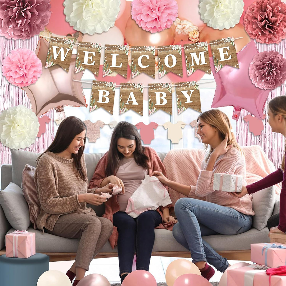 Dusty Pink Baby Shower Decoration, Girl Baby Shower Decor Set with Welcome Baby Banner,Tissue Pom Poms,Sweet Baby-girl Cake Topper,Retro Blush Rosegold Balloon,Boho Baby Gril Shower Party Supplies