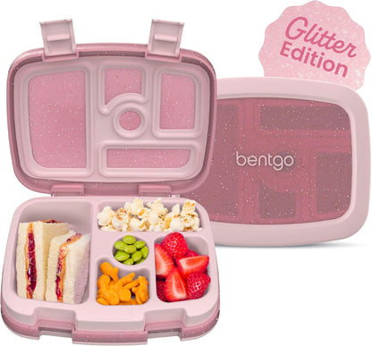 Kids Bento-Style 5-Compartment Leak-Proof Lunch Box - Just-Right Portions Ages 3-7, Durable, Drop-Proof, Dishwasher Safe, PFAS & BPA-Free & Made with Food-Safe Materials (Petal Pink Glitter)