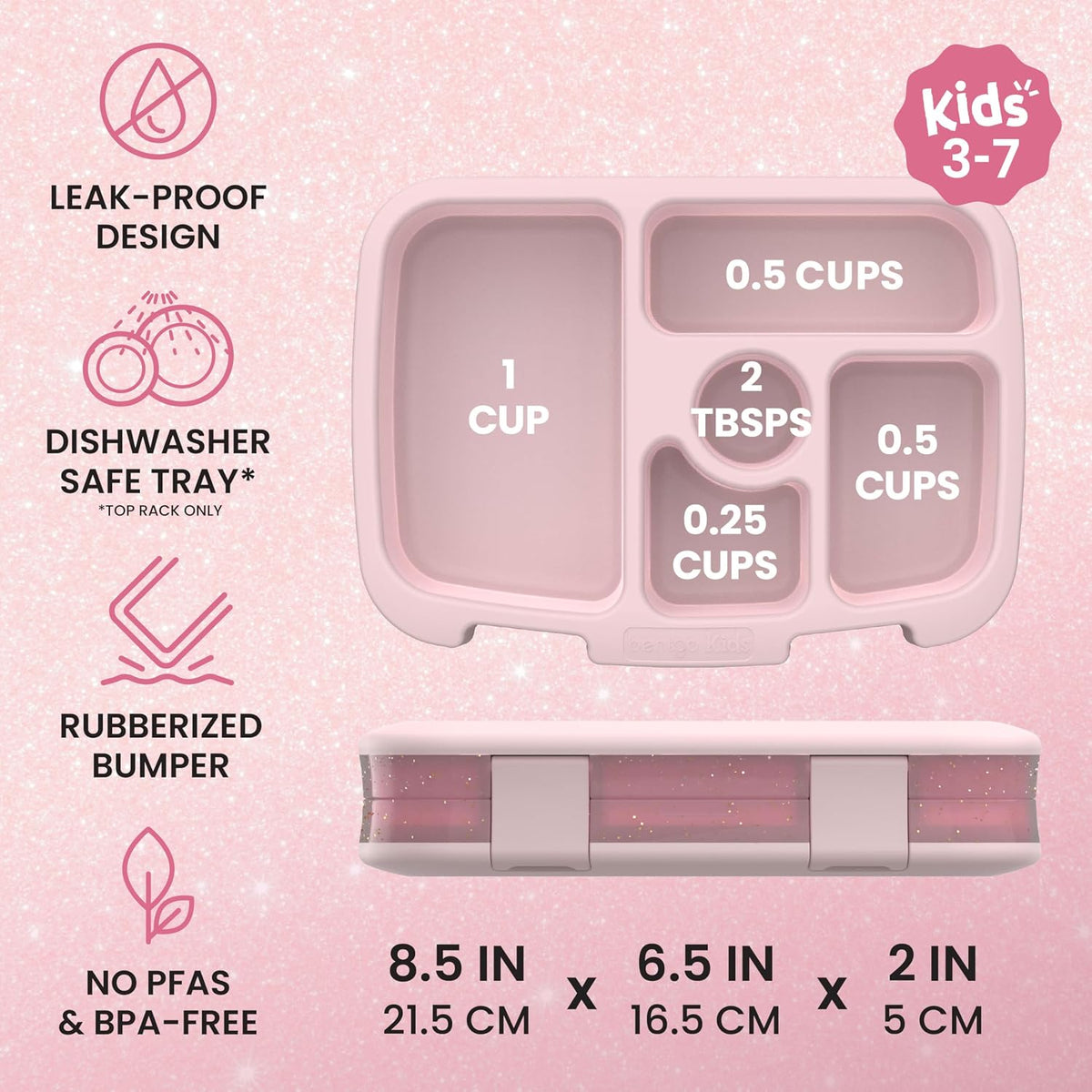Kids Bento-Style 5-Compartment Leak-Proof Lunch Box - Just-Right Portions Ages 3-7, Durable, Drop-Proof, Dishwasher Safe, PFAS & BPA-Free & Made with Food-Safe Materials (Petal Pink Glitter)
