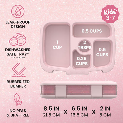 Kids Bento-Style 5-Compartment Leak-Proof Lunch Box - Just-Right Portions Ages 3-7, Durable, Drop-Proof, Dishwasher Safe, PFAS & BPA-Free & Made with Food-Safe Materials (Petal Pink Glitter)