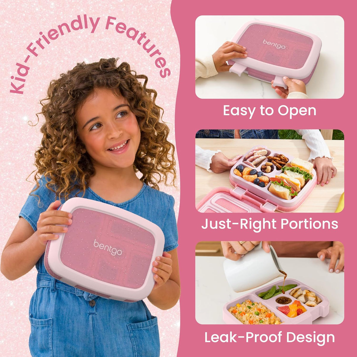 Kids Bento-Style 5-Compartment Leak-Proof Lunch Box - Just-Right Portions Ages 3-7, Durable, Drop-Proof, Dishwasher Safe, PFAS & BPA-Free & Made with Food-Safe Materials (Petal Pink Glitter)