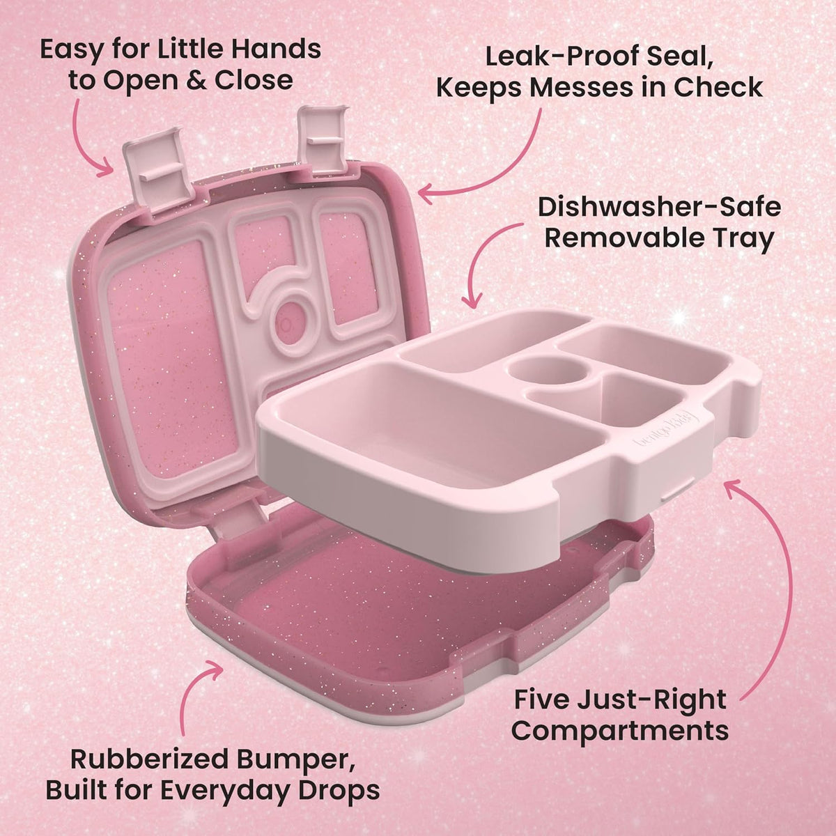 Kids Bento-Style 5-Compartment Leak-Proof Lunch Box - Just-Right Portions Ages 3-7, Durable, Drop-Proof, Dishwasher Safe, PFAS & BPA-Free & Made with Food-Safe Materials (Petal Pink Glitter)