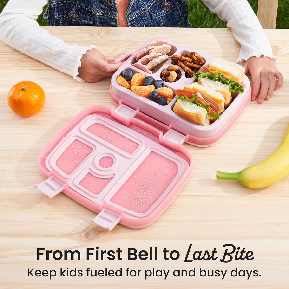 Kids Bento-Style 5-Compartment Leak-Proof Lunch Box - Just-Right Portions Ages 3-7, Durable, Drop-Proof, Dishwasher Safe, PFAS & BPA-Free & Made with Food-Safe Materials (Petal Pink Glitter)