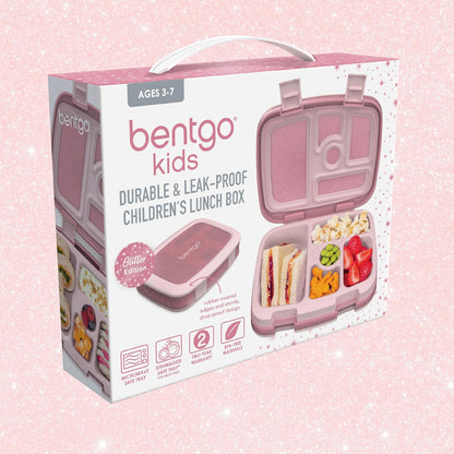 Kids Bento-Style 5-Compartment Leak-Proof Lunch Box - Just-Right Portions Ages 3-7, Durable, Drop-Proof, Dishwasher Safe, PFAS & BPA-Free & Made with Food-Safe Materials (Petal Pink Glitter)