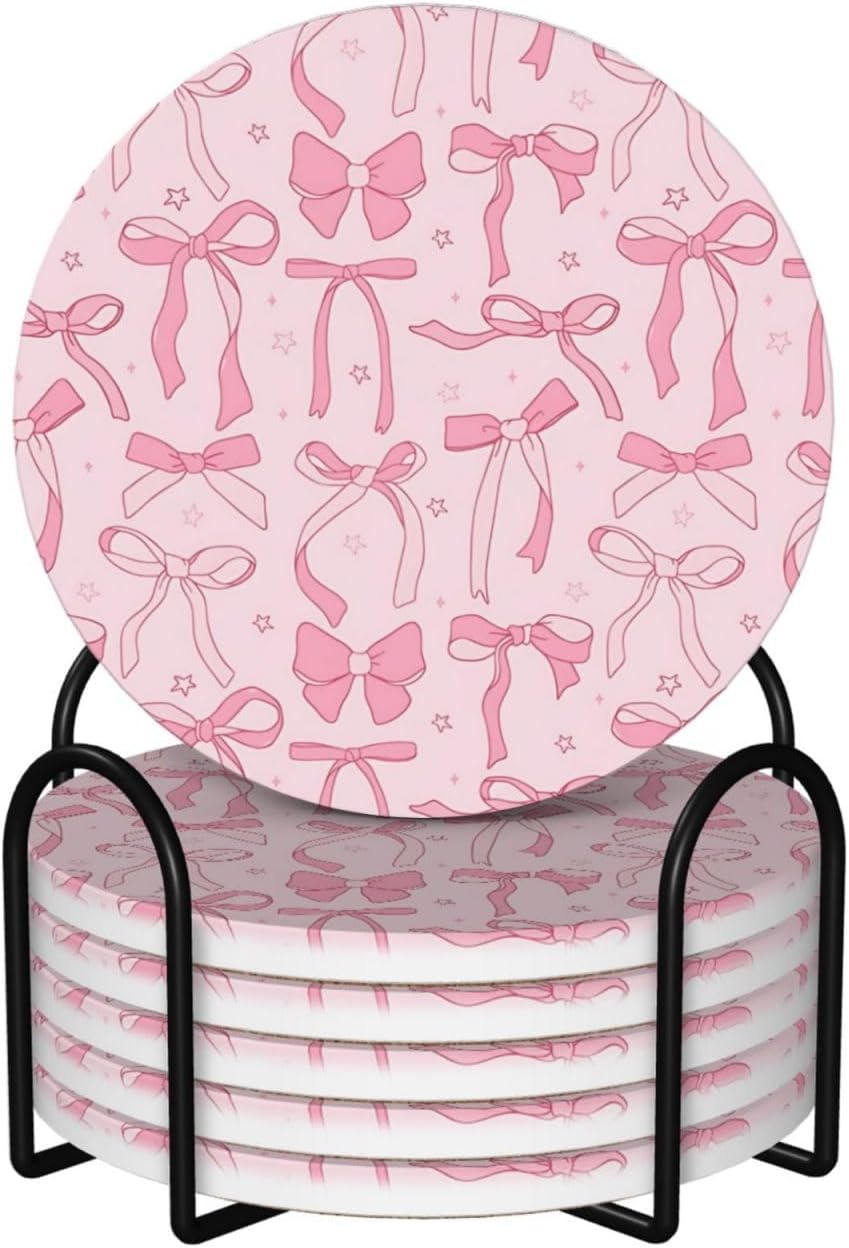 Absorbent Coasters for Drinks Pink Bows 2, Drink Coasters,Cork Base with Holder Set of 6 Ceramic Coasters Set Decorative 4.1"", 123654