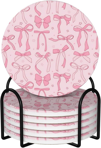 Absorbent Coasters for Drinks Pink Bows 2, Drink Coasters,Cork Base with Holder Set of 6 Ceramic Coasters Set Decorative 4.1"", 123654