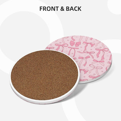 Absorbent Coasters for Drinks Pink Bows 2, Drink Coasters,Cork Base with Holder Set of 6 Ceramic Coasters Set Decorative 4.1"", 123654