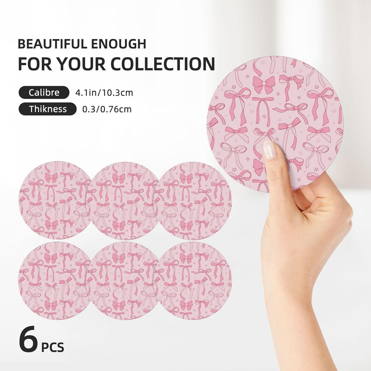 Absorbent Coasters for Drinks Pink Bows 2, Drink Coasters,Cork Base with Holder Set of 6 Ceramic Coasters Set Decorative 4.1"", 123654