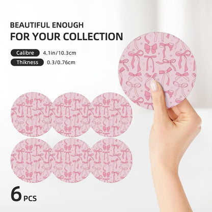 Absorbent Coasters for Drinks Pink Bows 2, Drink Coasters,Cork Base with Holder Set of 6 Ceramic Coasters Set Decorative 4.1"", 123654