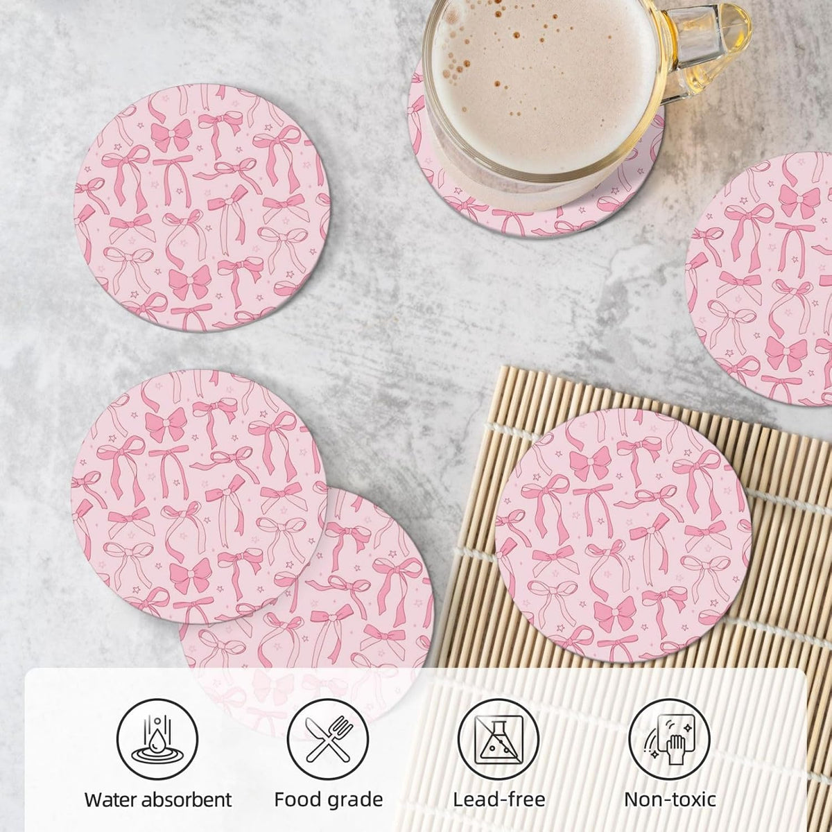 Absorbent Coasters for Drinks Pink Bows 2, Drink Coasters,Cork Base with Holder Set of 6 Ceramic Coasters Set Decorative 4.1"", 123654