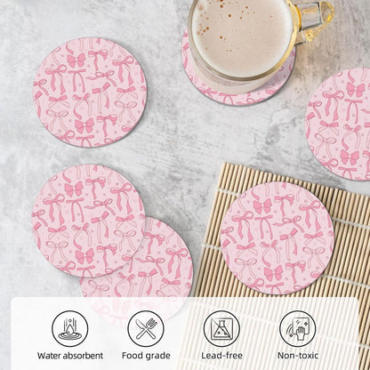 Absorbent Coasters for Drinks Pink Bows 2, Drink Coasters,Cork Base with Holder Set of 6 Ceramic Coasters Set Decorative 4.1"", 123654