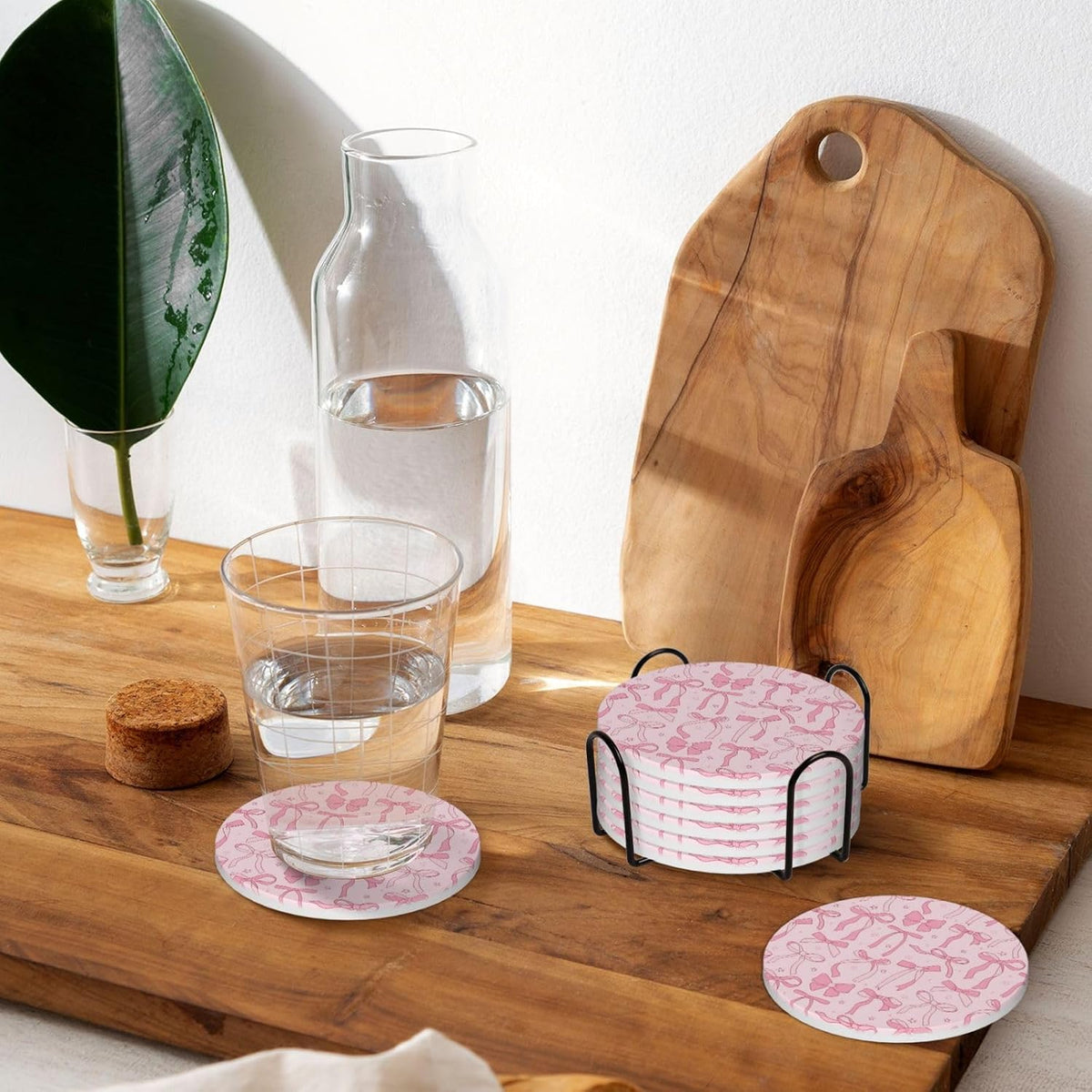 Absorbent Coasters for Drinks Pink Bows 2, Drink Coasters,Cork Base with Holder Set of 6 Ceramic Coasters Set Decorative 4.1"", 123654