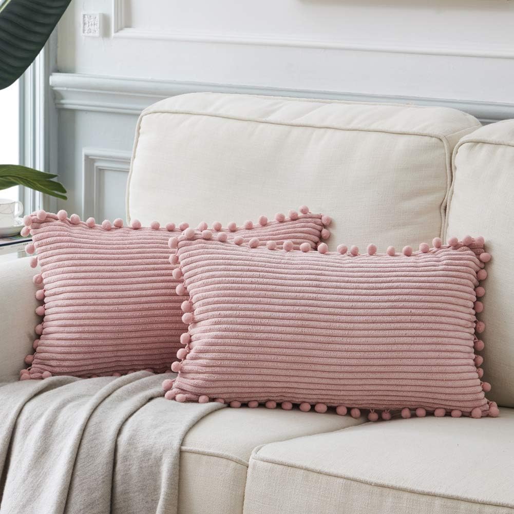 Pack of 2 Boho Rectangle Decorative Throw Pillow Covers with Pom-poms, Soft Corduroy Accent Solid Cushion Case Set for Couch Sofa Bedroom Car Living Room (12x20 Inch/30x50 cm, Blush Pink)