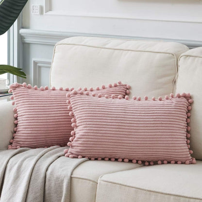 Pack of 2 Boho Rectangle Decorative Throw Pillow Covers with Pom-poms, Soft Corduroy Accent Solid Cushion Case Set for Couch Sofa Bedroom Car Living Room (12x20 Inch/30x50 cm, Blush Pink)