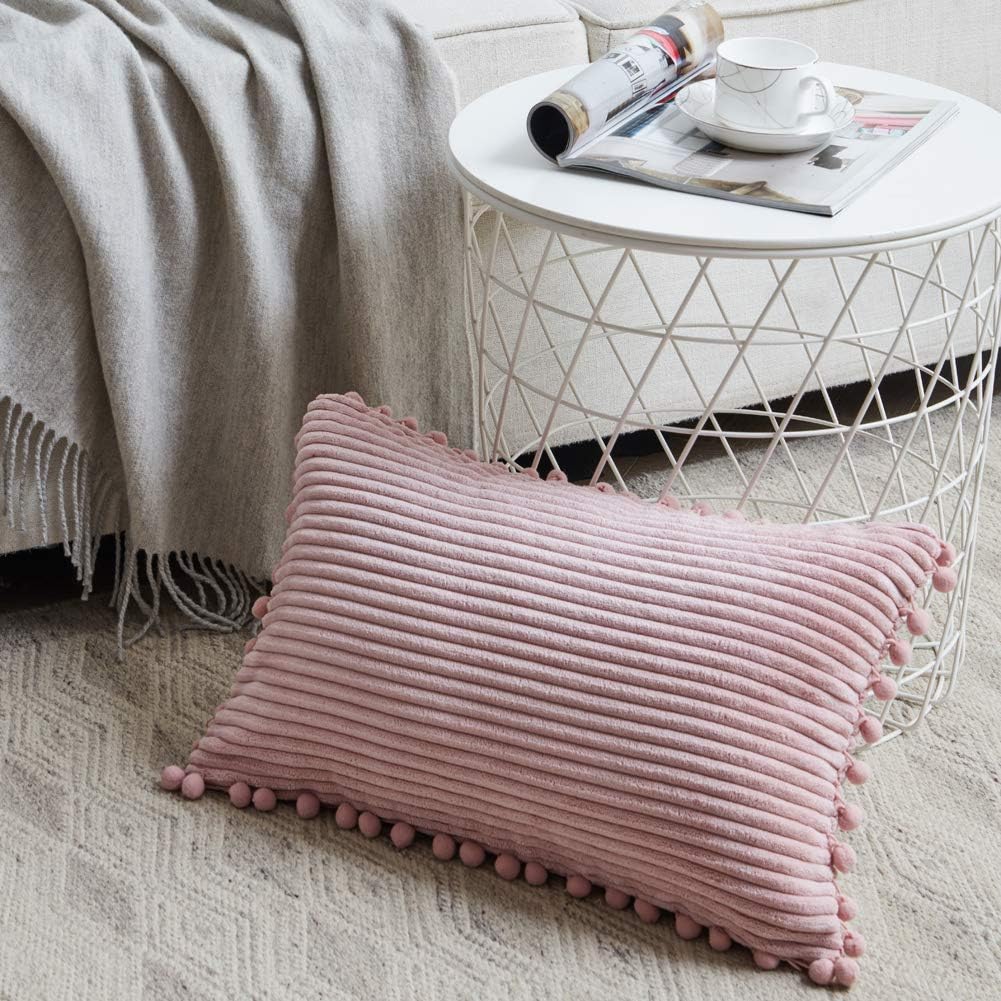 Pack of 2 Boho Rectangle Decorative Throw Pillow Covers with Pom-poms, Soft Corduroy Accent Solid Cushion Case Set for Couch Sofa Bedroom Car Living Room (12x20 Inch/30x50 cm, Blush Pink)