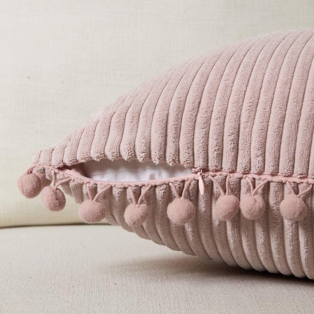Pack of 2 Boho Rectangle Decorative Throw Pillow Covers with Pom-poms, Soft Corduroy Accent Solid Cushion Case Set for Couch Sofa Bedroom Car Living Room (12x20 Inch/30x50 cm, Blush Pink)
