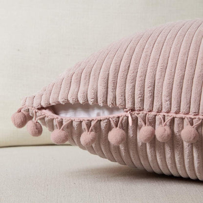 Pack of 2 Boho Rectangle Decorative Throw Pillow Covers with Pom-poms, Soft Corduroy Accent Solid Cushion Case Set for Couch Sofa Bedroom Car Living Room (12x20 Inch/30x50 cm, Blush Pink)