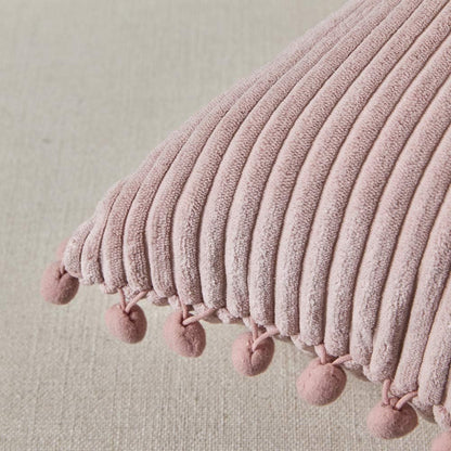 Pack of 2 Boho Rectangle Decorative Throw Pillow Covers with Pom-poms, Soft Corduroy Accent Solid Cushion Case Set for Couch Sofa Bedroom Car Living Room (12x20 Inch/30x50 cm, Blush Pink)