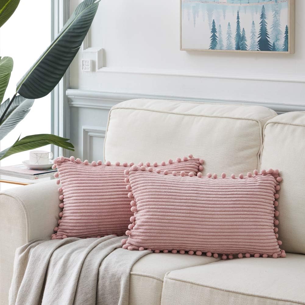 Pack of 2 Boho Rectangle Decorative Throw Pillow Covers with Pom-poms, Soft Corduroy Accent Solid Cushion Case Set for Couch Sofa Bedroom Car Living Room (12x20 Inch/30x50 cm, Blush Pink)