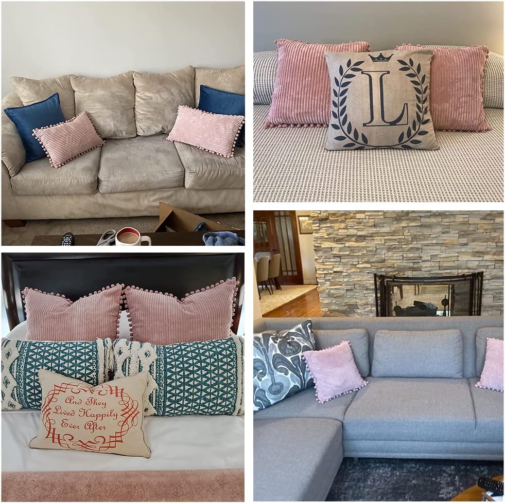 Pack of 2 Boho Rectangle Decorative Throw Pillow Covers with Pom-poms, Soft Corduroy Accent Solid Cushion Case Set for Couch Sofa Bedroom Car Living Room (12x20 Inch/30x50 cm, Blush Pink)