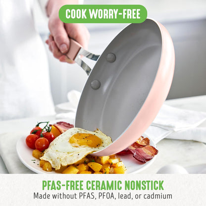 8” & 10” 2 Piece Nonstick Ceramic Frying Pan Set, Lightweight Healthy PFAS-Free Skillets, Dishwasher & Oven Safe, Durable Body, Silicone Stay-Cool Handles, Easy Release, Pink