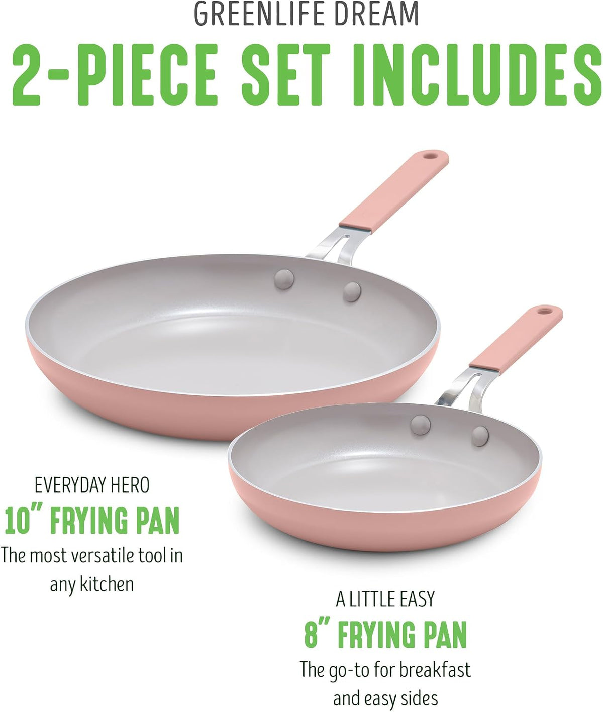 8” & 10” 2 Piece Nonstick Ceramic Frying Pan Set, Lightweight Healthy PFAS-Free Skillets, Dishwasher & Oven Safe, Durable Body, Silicone Stay-Cool Handles, Easy Release, Pink