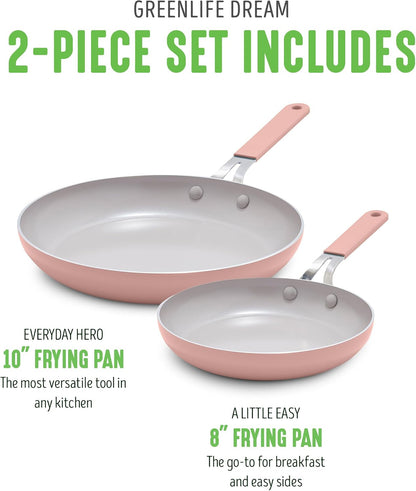 8” & 10” 2 Piece Nonstick Ceramic Frying Pan Set, Lightweight Healthy PFAS-Free Skillets, Dishwasher & Oven Safe, Durable Body, Silicone Stay-Cool Handles, Easy Release, Pink