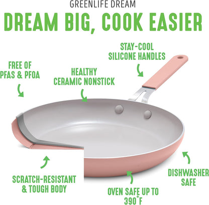 8” & 10” 2 Piece Nonstick Ceramic Frying Pan Set, Lightweight Healthy PFAS-Free Skillets, Dishwasher & Oven Safe, Durable Body, Silicone Stay-Cool Handles, Easy Release, Pink