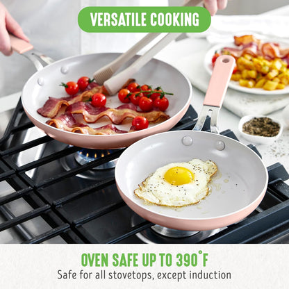 8” & 10” 2 Piece Nonstick Ceramic Frying Pan Set, Lightweight Healthy PFAS-Free Skillets, Dishwasher & Oven Safe, Durable Body, Silicone Stay-Cool Handles, Easy Release, Pink