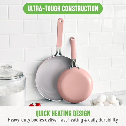 8” & 10” 2 Piece Nonstick Ceramic Frying Pan Set, Lightweight Healthy PFAS-Free Skillets, Dishwasher & Oven Safe, Durable Body, Silicone Stay-Cool Handles, Easy Release, Pink