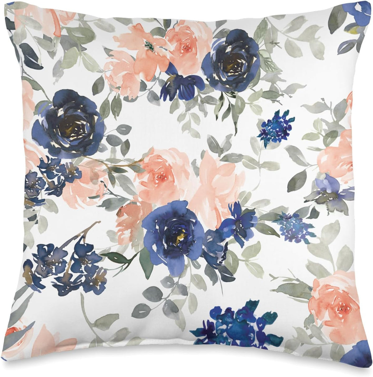 Blue Navy Indigo Flowers Peach Flowers Floral Pattern White Throw Pillow