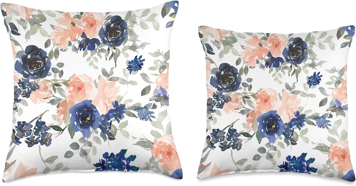 Blue Navy Indigo Flowers Peach Flowers Floral Pattern White Throw Pillow