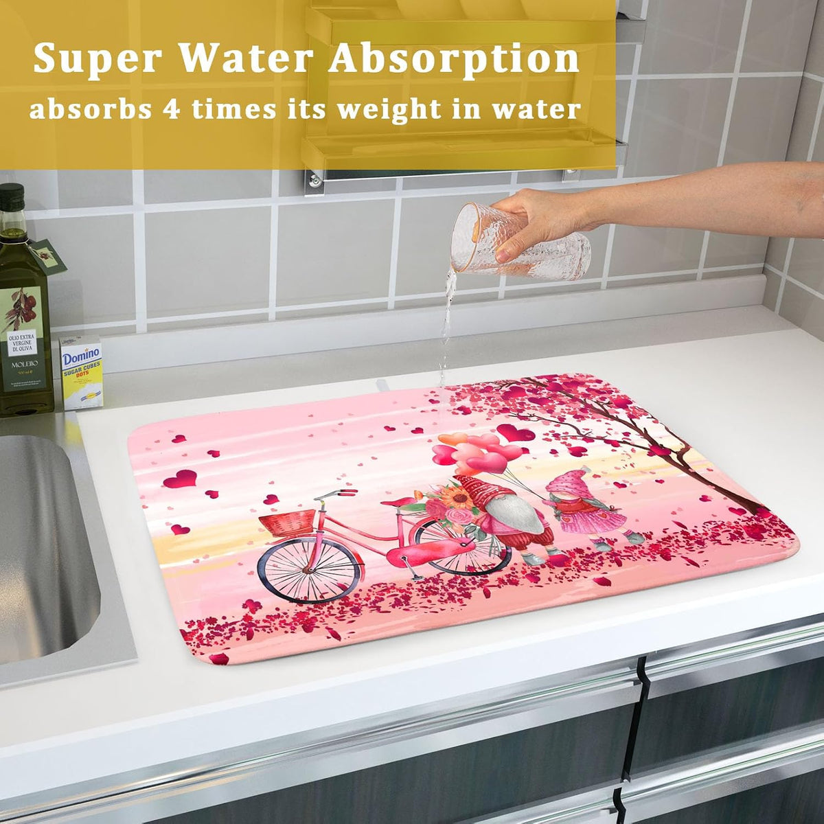Pink Heart Valentine's Day Gnomes Dish Drying Mat for Kitchen Counter,Pink Bicycle Love Tree Drying Mat 18 x 24 Inch with Absorbent Reversible Microfiber Dish Drying Pad Dish Rack Pad for Coffee Bar