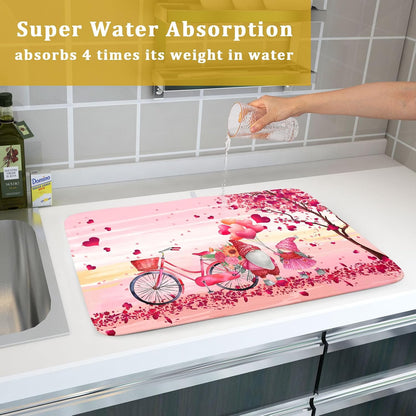 Pink Heart Valentine's Day Gnomes Dish Drying Mat for Kitchen Counter,Pink Bicycle Love Tree Drying Mat 18 x 24 Inch with Absorbent Reversible Microfiber Dish Drying Pad Dish Rack Pad for Coffee Bar