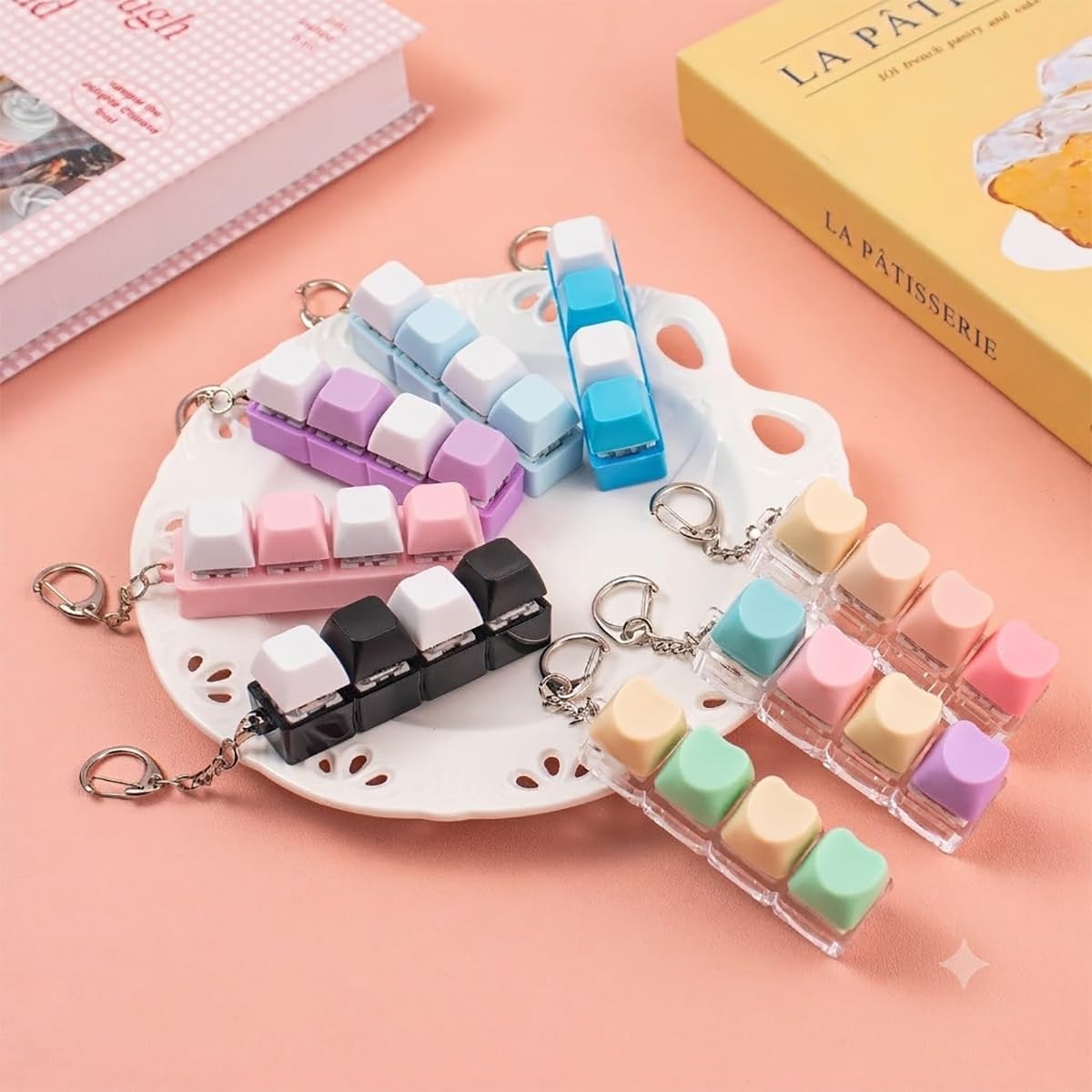 2 Pcs Keyboard Clicker Fidget Toy, 4 Keys Pink Keyboard Keychain for Adult