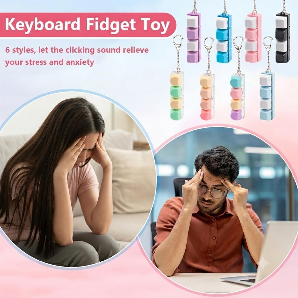 2 Pcs Keyboard Clicker Fidget Toy, 4 Keys Pink Keyboard Keychain for Adult