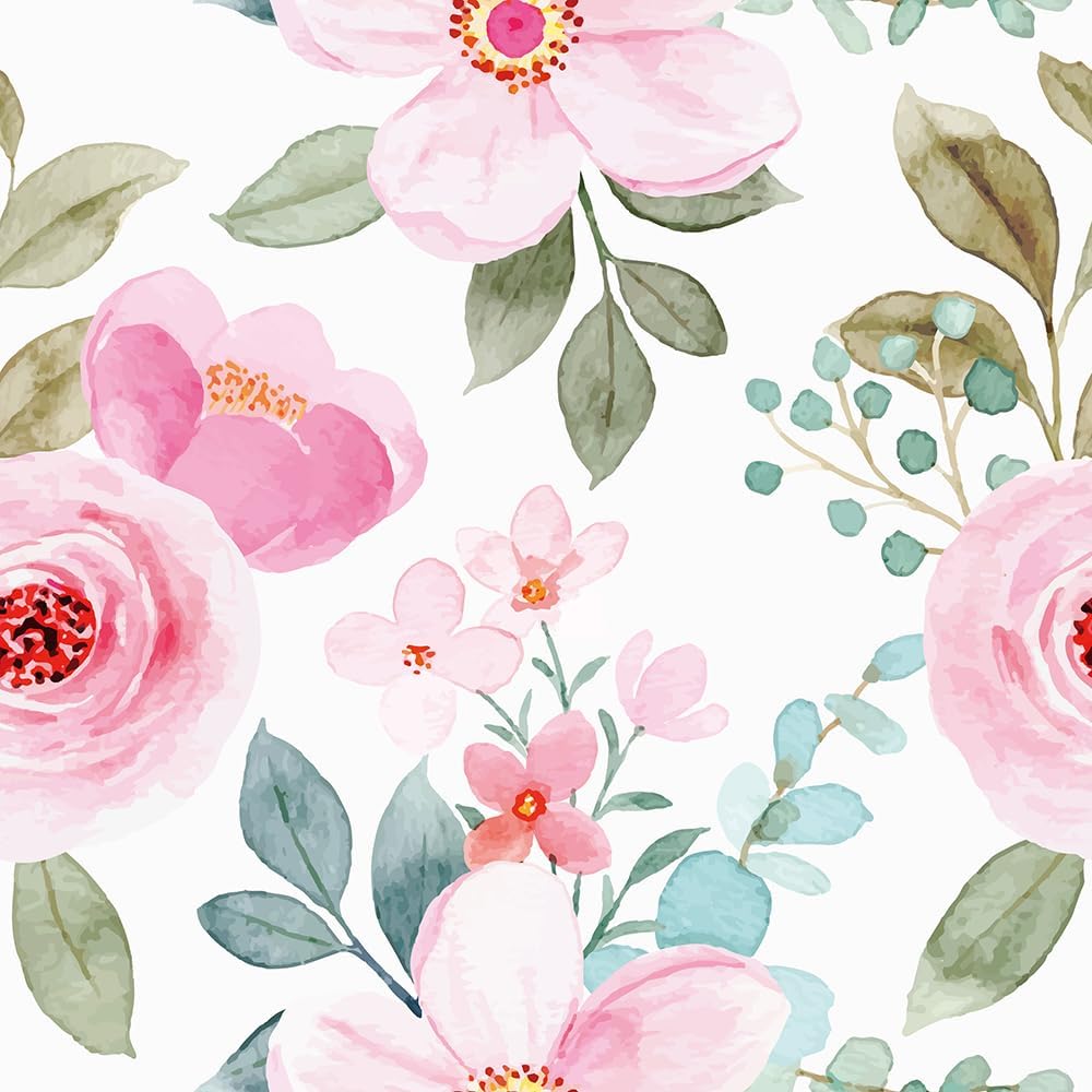 Pink Rose Florals Green Leaf Plant Peel and Stick Wallpaper Self Adhesive Removable Easy Peel Off Stick on Wall Paper for Bedroom Cabinet Renter