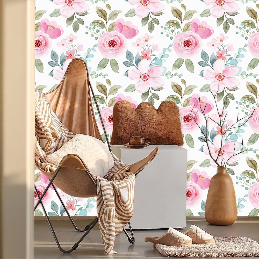 Pink Rose Florals Green Leaf Plant Peel and Stick Wallpaper Self Adhesive Removable Easy Peel Off Stick on Wall Paper for Bedroom Cabinet Renter
