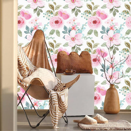 Pink Rose Florals Green Leaf Plant Peel and Stick Wallpaper Self Adhesive Removable Easy Peel Off Stick on Wall Paper for Bedroom Cabinet Renter
